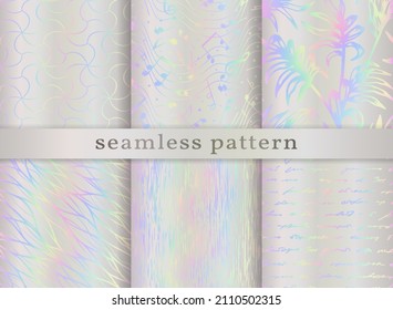 Holographic seamless pattern. Set iridescent background. Repeated rainbow pattern. Hologram texture. Repeating holograph foil printed. Neon printing. Pearlescent design for prints. Vector illustration