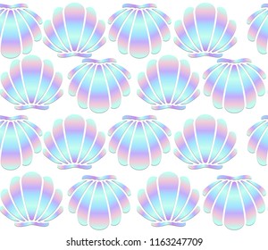 Holographic seashells seamless pattern on white background. Mermaid vector background