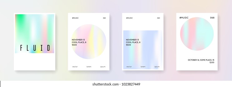 Holographic shape set. Abstract backgrounds. Rainbow holographic shape with gradient mesh. 90s, 80s retro style. Iridescent graphic template for brochure, banner, wallpaper, mobile screen