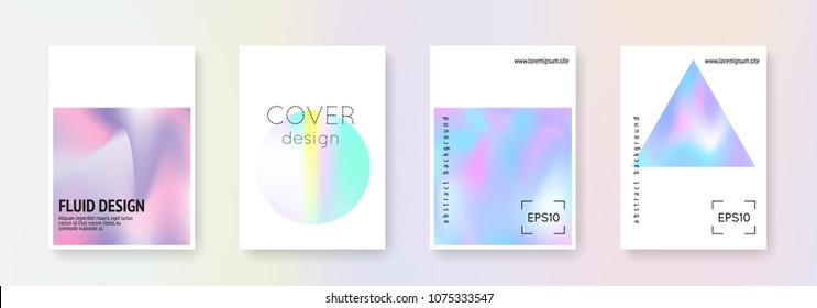 Holographic shape set. Abstract backgrounds. Spectrum holographic shape with gradient mesh. 90s, 80s retro style. Pearlescent graphic template for brochure, banner, wallpaper, mobile screen