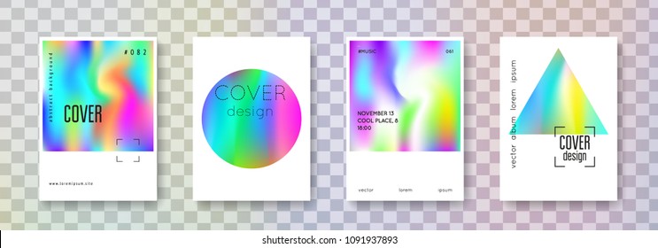 Holographic shape set. Abstract backgrounds. Spectrum holographic shape with gradient mesh. 90s, 80s retro style. Iridescent graphic template for book, annual, mobile interface, web app.