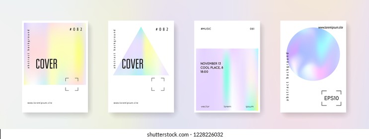 Holographic shape set. Abstract backgrounds. Neon holographic shape with gradient mesh. 90s, 80s retro style. Iridescent graphic template for book, annual, mobile interface, web app.