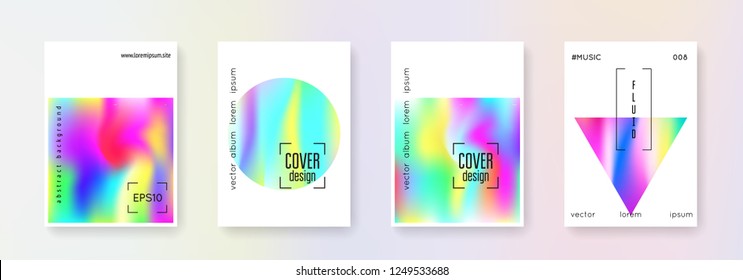 Holographic shape set. Abstract backgrounds. Vibrant holographic shape with gradient mesh. 90s, 80s retro style. Iridescent graphic template for placard, presentation, banner, brochure.
