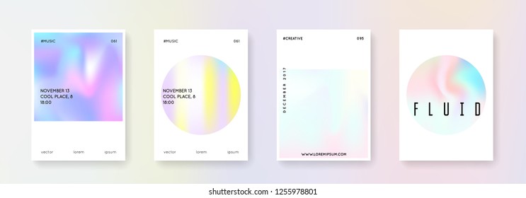 Holographic shape set. Abstract backgrounds. Spectrum holographic shape with gradient mesh. 90s, 80s retro style. Pearlescent graphic template for brochure, banner, wallpaper, mobile screen