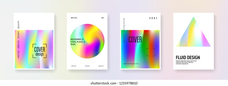 Holographic shape set. Abstract backgrounds. Neon holographic shape with gradient mesh. 90s, 80s retro style. Iridescent graphic template for book, annual, mobile interface, web app.