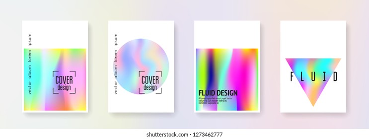 Holographic shape set. Abstract backgrounds. Multicolor holographic shape with gradient mesh. 90s, 80s retro style. Iridescent graphic template for placard, presentation, banner, brochure.