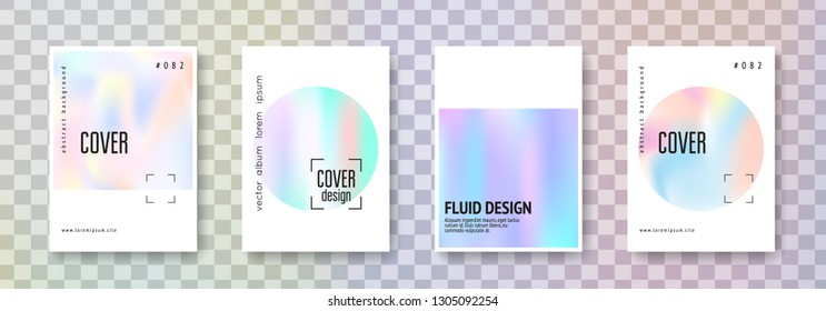 Holographic shape set. Abstract backgrounds. Colorful holographic shape with gradient mesh. 90s, 80s retro style. Pearlescent graphic template for placard, presentation, banner, brochure.