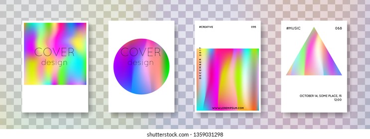 Holographic shape set. Abstract backgrounds. Trendy holographic shape with gradient mesh. 90s, 80s retro style. Pearlescent graphic template for placard, presentation, banner, brochure.