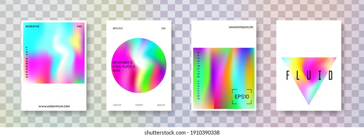 Holographic shape set. Abstract backgrounds. Futuristic holographic shape with gradient mesh. 90s, 80s retro style. Iridescent graphic template for book, annual, mobile interface, web app.