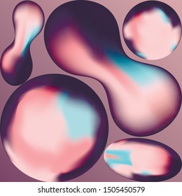 Holographic shapes 3d vector illustrations set. Balls with copper metallic effect. Pastel taupe gradient texture with circles, ovals abstract backdrop. Iridescent fluid figure with turquoise shadows