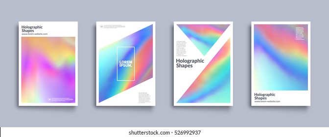 Holographic shapes backgrounds set. Modern geometric covers design. Applicable for gift card,cover,poster,brochure,magazine. Eps10 vector template.