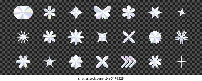 Holographic shapes. Heart, daisy, butterfly, star, flower in trendy retro y2k style. Vector illustration