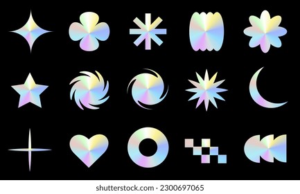 Holographic shapes in the style y2k of a set of geometric and abstract shapes