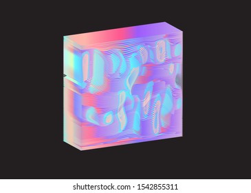 Holographic shimmering alien figure, 3d glitched and distorted cube. Vaporwave surrealistic style vector illustration.