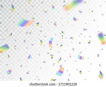 Holographic shiny falling confetti on white transparent background. Glitch effect. Rainbow festive tinsel. Foil hologram. Color iridescent decoration for Christmas, Birthday. Vector illustration.