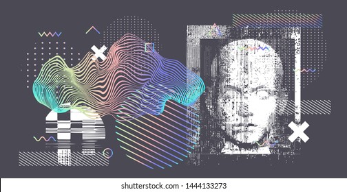 Holographic silhouette of a human. Conceptual image of AI (artificial intelligence), VR (virtual reality), Deep Learning  and Face recognition systems. Cyberpunk style vector illustration.