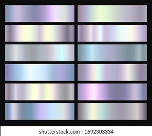 Holographic  silver  bronze   golden foil texture background set  Vector graphic iridescent neon patterns  Gold hologram metalic gradient collection 
