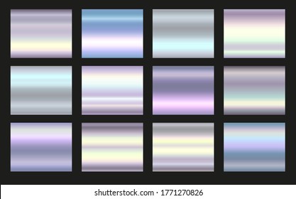 Holographic, silver, bronze and golden foil texture background set. Vector graphic iridescent neon patterns. Gold hologram metalic gradient collection.