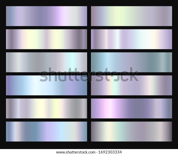 Holographic, silver, bronze and golden foil\
texture background set. Vector graphic iridescent neon patterns.\
Gold hologram metalic gradient\
collection.\
