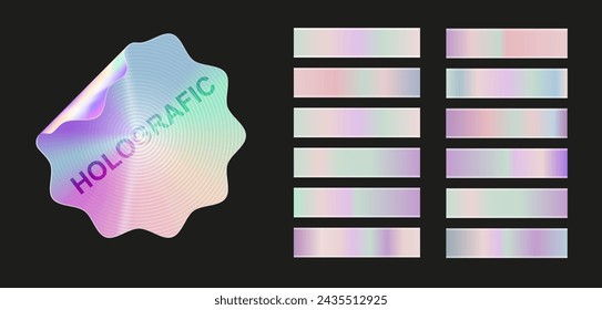 Holográfico, conjunto de fondo de textura de lámina de plata. Colección de gradiente metálico holograma dorado. Vector gráfico iridiscente