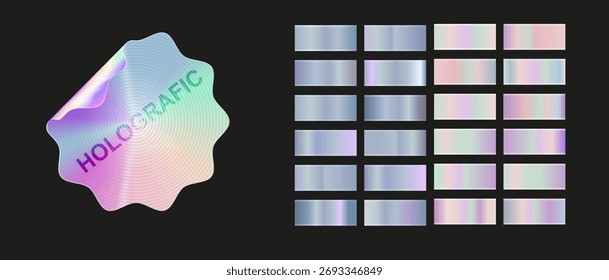 Conjunto de fundo holográfico, folha de prata textura. Coleção de gradiente metálico holograma de ouro. Iridescência gráfica vetorial