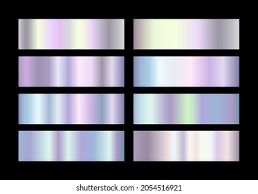 Holographic, silver foil texture backgrounds set. Vector graphic iridescent neon ribbon patterns. Silver hologram metalic gradient  vector pattern set. 