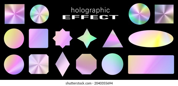 Holographic Silver Shiny Foil In Different Frames And Forms For Stickers, Logo, Info Frame. Vinyl Light Sticker Set With Ultraviolet Metallic Effect. Holographic Gradient Mark Concept For Label, Seal