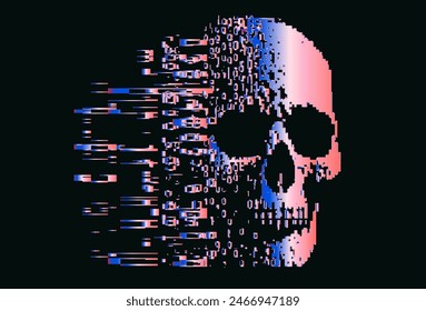 Holographic skull emerging out of glitch noise. A pixel illustration whitch tackles an issue of communication beetween technology and human body.