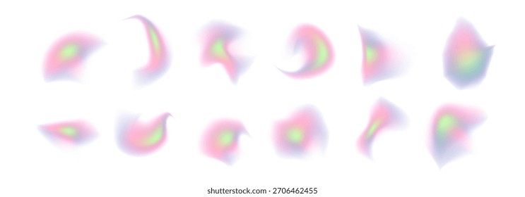 Formas holográficas de aura de gradiente suave definidas com texturas de luz borrada abstratas. Elementos luminosos sonhadores Y2K para o vetor de fundos de design moderno