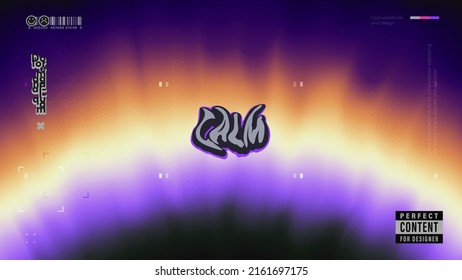 Holographic soft mesh background with "Calm" sign in center. Trendy dark wallpaper with blurred shapes for poster, website, advertising, etc.