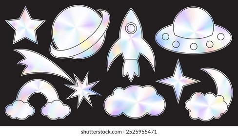 Holographic space elements stickers set. Metallic shine moon, clouds, stars, planet, rocket, flying saucer, comet, rainbow shaped emblems