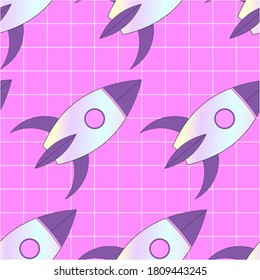 Holographic spaceship seamless pattern with pink grid background vector art.