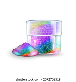 Holographic Sparkles Container For Makeup Vector. Shiny Holographic Multicolored Glitter Blank Packaging. Fashionable Accessory For Decorating Face Template Realistic 3d Illustration