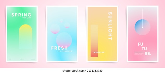 Holographic spring gradient vertical stories, cover template design set for poster, social media post and stories banner. Blurry futuristic modern gradient post. Vector aesthetic springtime kit.