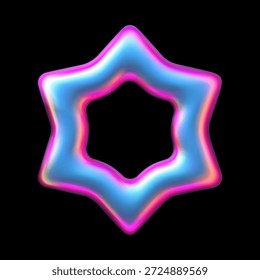 Estrela holográfica realista 3D vetor design. Emojis da galáxia do espaço iridescente do gradiente azul rosa. Moldura de seis pontas. Prêmio de conquista do jogo. Elemento brilho Y2K. Decoração de festa festiva