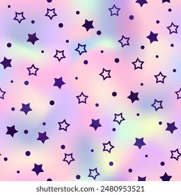 Holographic star seamless pattern. Vector shiny print with purple stars on neon rainbow background. Magic iridescent repeat texture with sparkles.