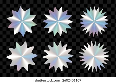 Holographic starburst badges set. Hologram labels or stickers design mockup collection. Shiny silver foil vector elements