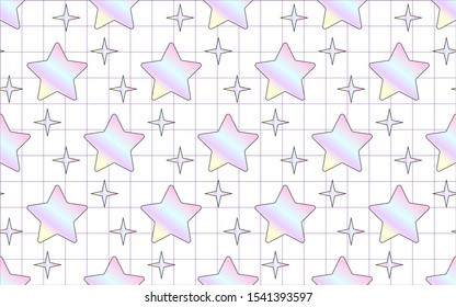 Holographic stars vector seamless pattern with grid background.