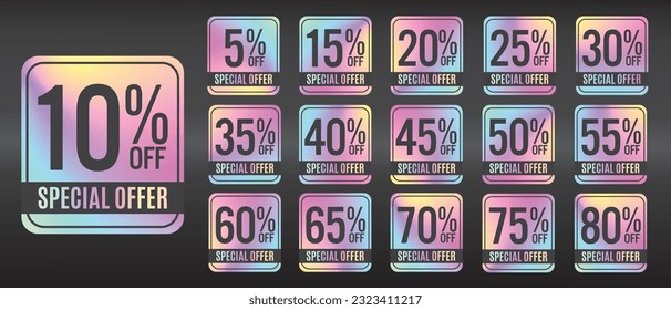 Holographic sticker with 5%, 10%, 15%, 20%, 25%, 30%, 35%, 40%, 45%, 50%, 55%, 60%, 65%, 70%, 75%, 80% off special offer stickers for sale and discount promotions