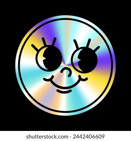 Holographic sticker with cartoon face in a trendy retro y2k style. Vector Graphic with textured foil effect. Emocion sticer