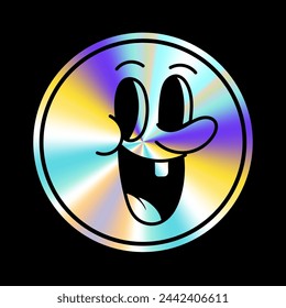 Holographic sticker with cartoon face in a trendy retro y2k style. Vector Graphic with textured foil effect. Emocion sticer