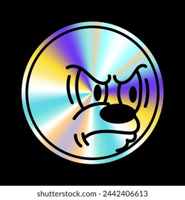 Holographic sticker with cartoon face in a trendy retro y2k style. Vector Graphic with textured foil effect. Emocion sticer