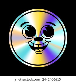 Holographic sticker with cartoon face in a trendy retro y2k style. Vector Graphic with textured foil effect. Emocion sticer