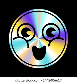 Holographic sticker with cartoon face in a trendy retro y2k style. Vector Graphic with textured foil effect. Emocion sticer