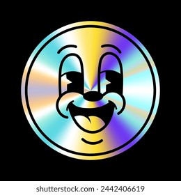 Holographic sticker with cartoon face in a trendy retro y2k style. Vector Graphic with textured foil effect. Emocion sticer