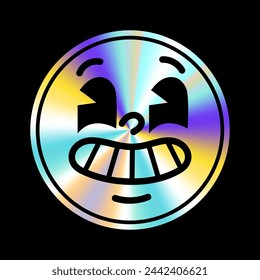 Holographic sticker with cartoon face in a trendy retro y2k style. Vector Graphic with textured foil effect. Emocion sticer