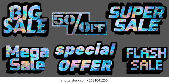 Holographic sticker collection. Neon color sticker hologram effect. Rainbow colorful glitter labels in various typography Big sale, 50% off, Super Sale, Mega Sale, Special Offer, Flash Sale