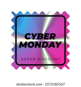 Holographic sticker. Cyber Monday, super discount. Geometric hologram label, iridescent foil, adhesive film. Colored tag, rainbow shiny emblem. Isolated Neon vector illustration