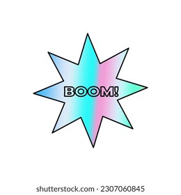 Holographic sticker in the form of an eight-pointed star with the inscription Boom! 90s style gradient foil vector sticker isolated on white background.