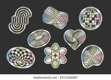 Adesivo holográfico com formas de arames geométricos. Adesivos holográficos com padrão abstrato 3D, elementos cyberpunk em estilo psicodélico moderno. Y2K. Adesivos brilhantes cintilantes de textura. Isolado